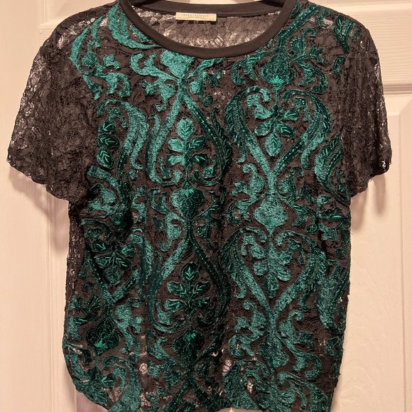 Zara Trafaluc Womens Lace Crop Top Green Crew Neck Short Sleeve - Picture 1 of 6
